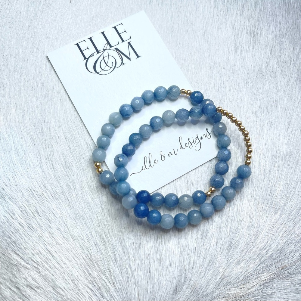 2 Beaded Bracelets blue Gemstones with Gold Filled beads Stretch size 6.5”